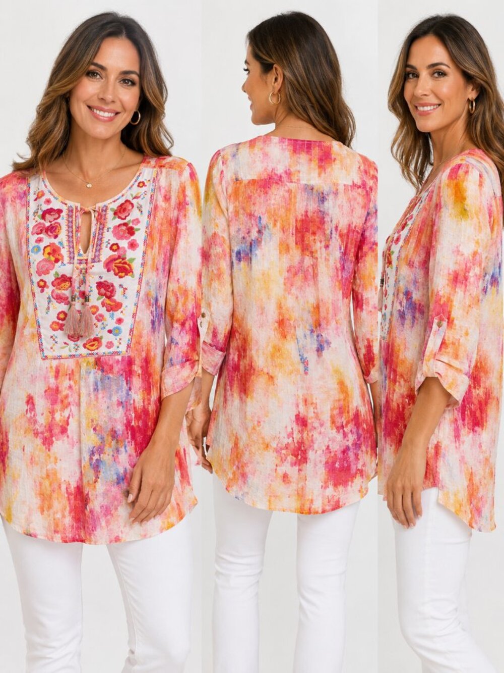 John Mark Embroidered Floral Tie Dye Tunic Top Size Large NWOT